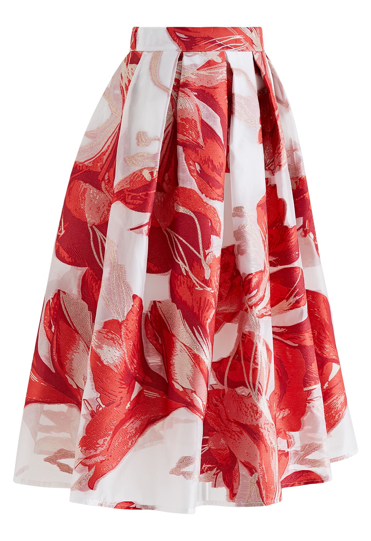 تنورة متوسطة الطول بطيات أورجانزا من الجاكار بنقشة الزهور الفنية باللون الأحمر