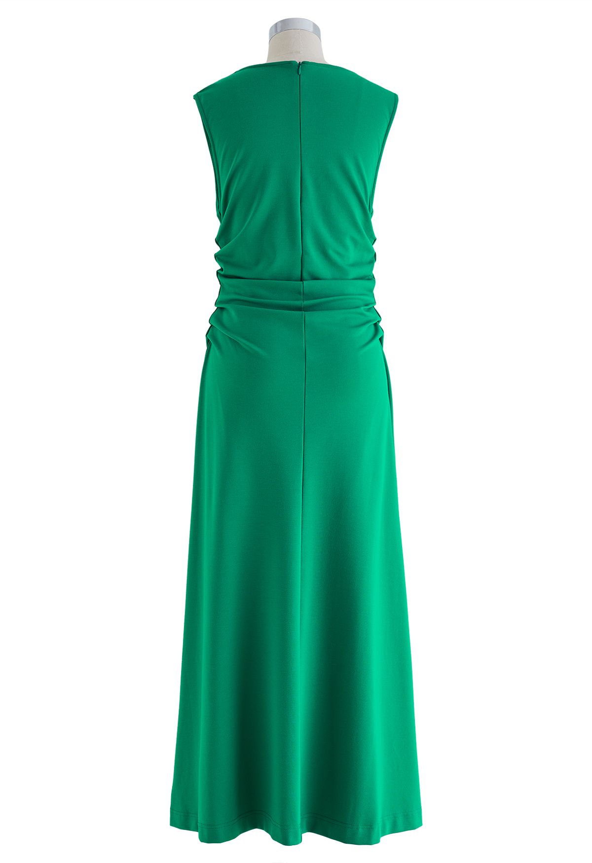 ثنى العنق Ruched الخصر بلا أكمام فستان باللون الأخضر