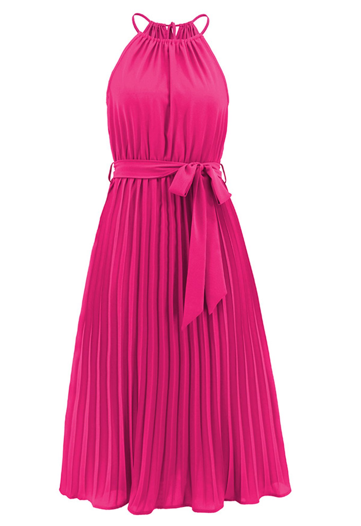 فستان برباط حول الرقبة ورباط الخصر مطوي باللون الوردي الفاتح