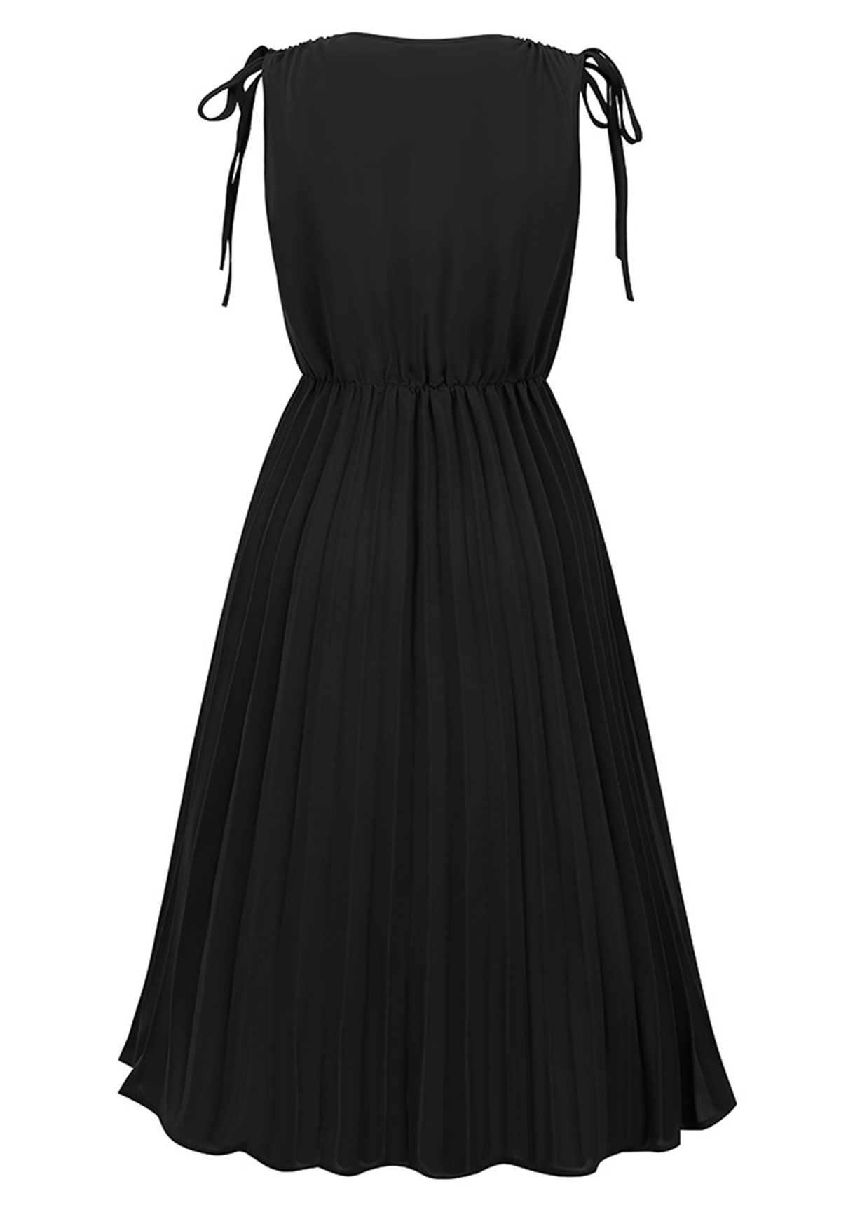 فستان متوسط الطول بطيات بدون أكمام باللون الأسود