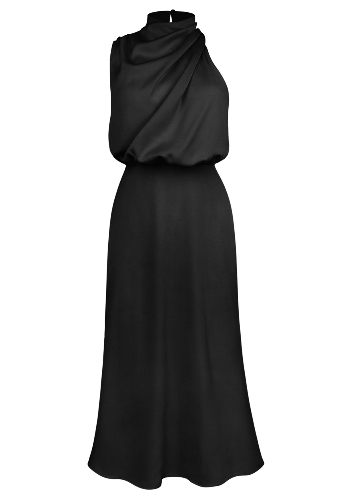غير متماثل Ruched العنق بلا أكمام فستان باللون الأسود