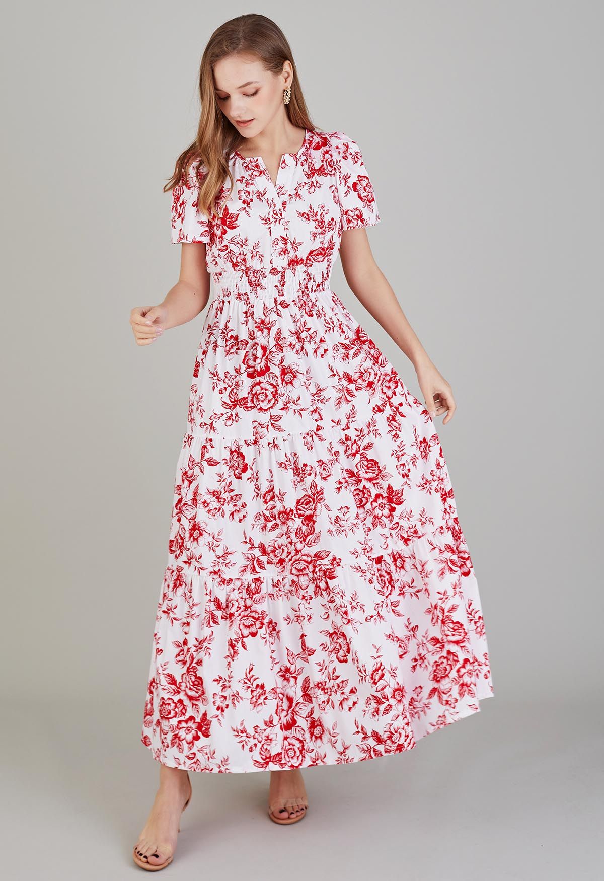 فستان ماكسي بطبعة زهور حمراء أبولينت