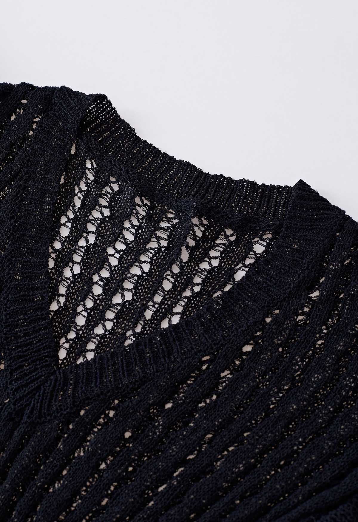 الأكمام الرفرفة Pointelle Knit التستر باللون الأسود