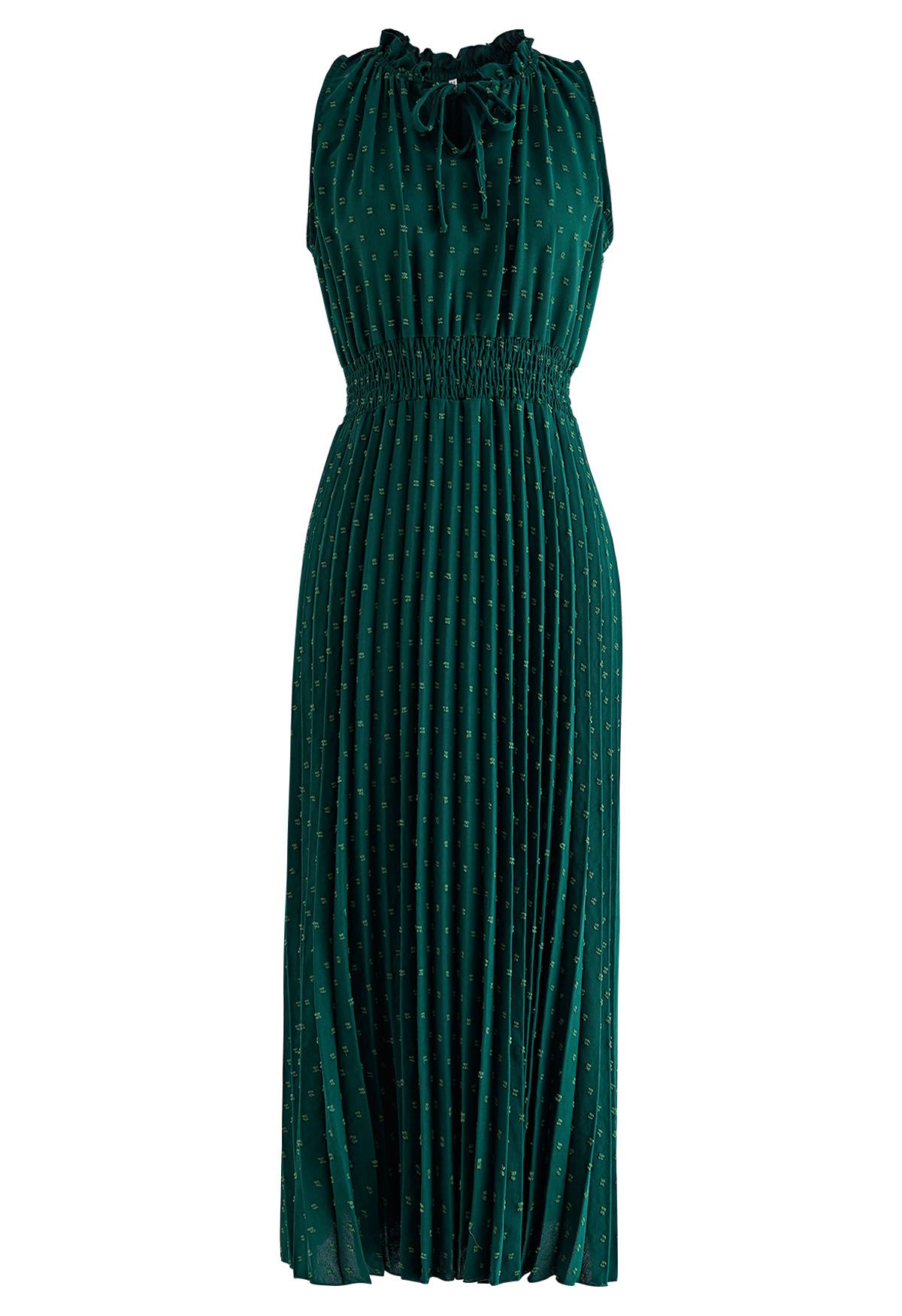 فستان بطيات منقطة وربطة عنق باللون الأخضر الداكن