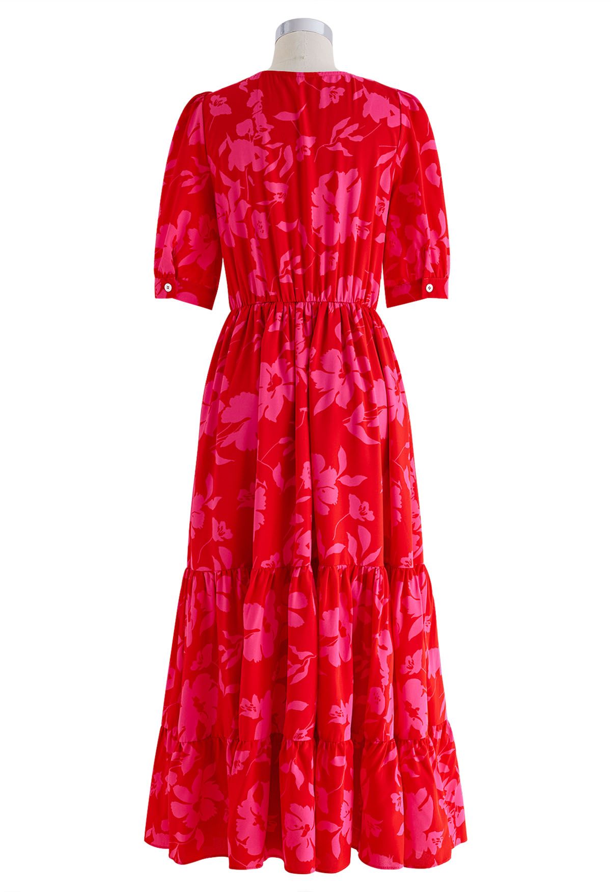 فستان ملفوف بكشكشة زهور حمراء