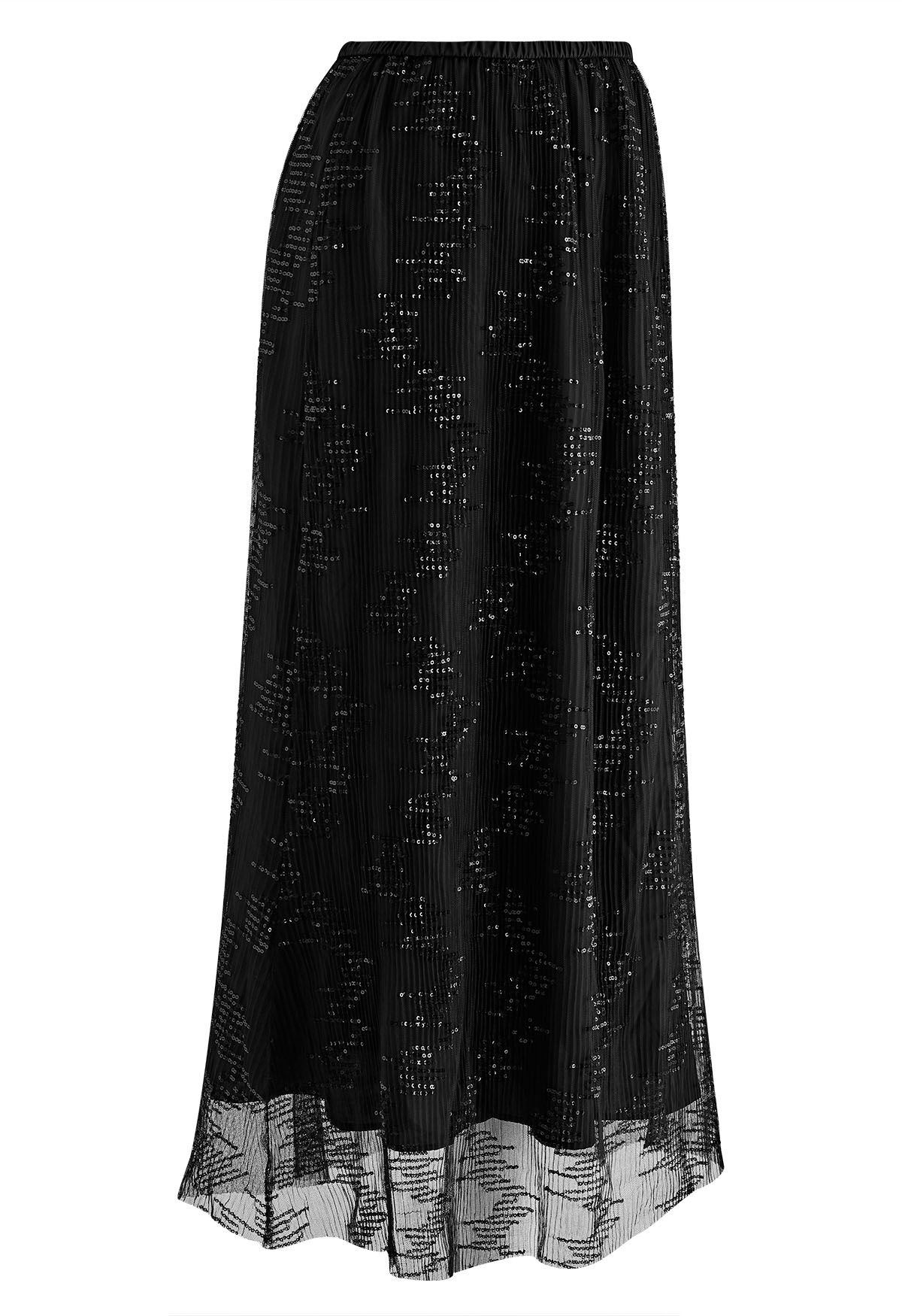 تنورة ماكسي شبكية مزينة بالترتر باللون الأسود