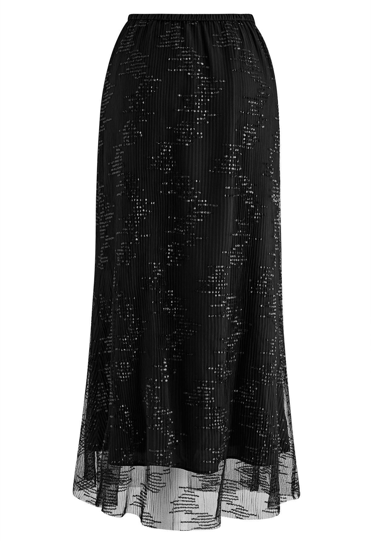 تنورة ماكسي شبكية مزينة بالترتر باللون الأسود