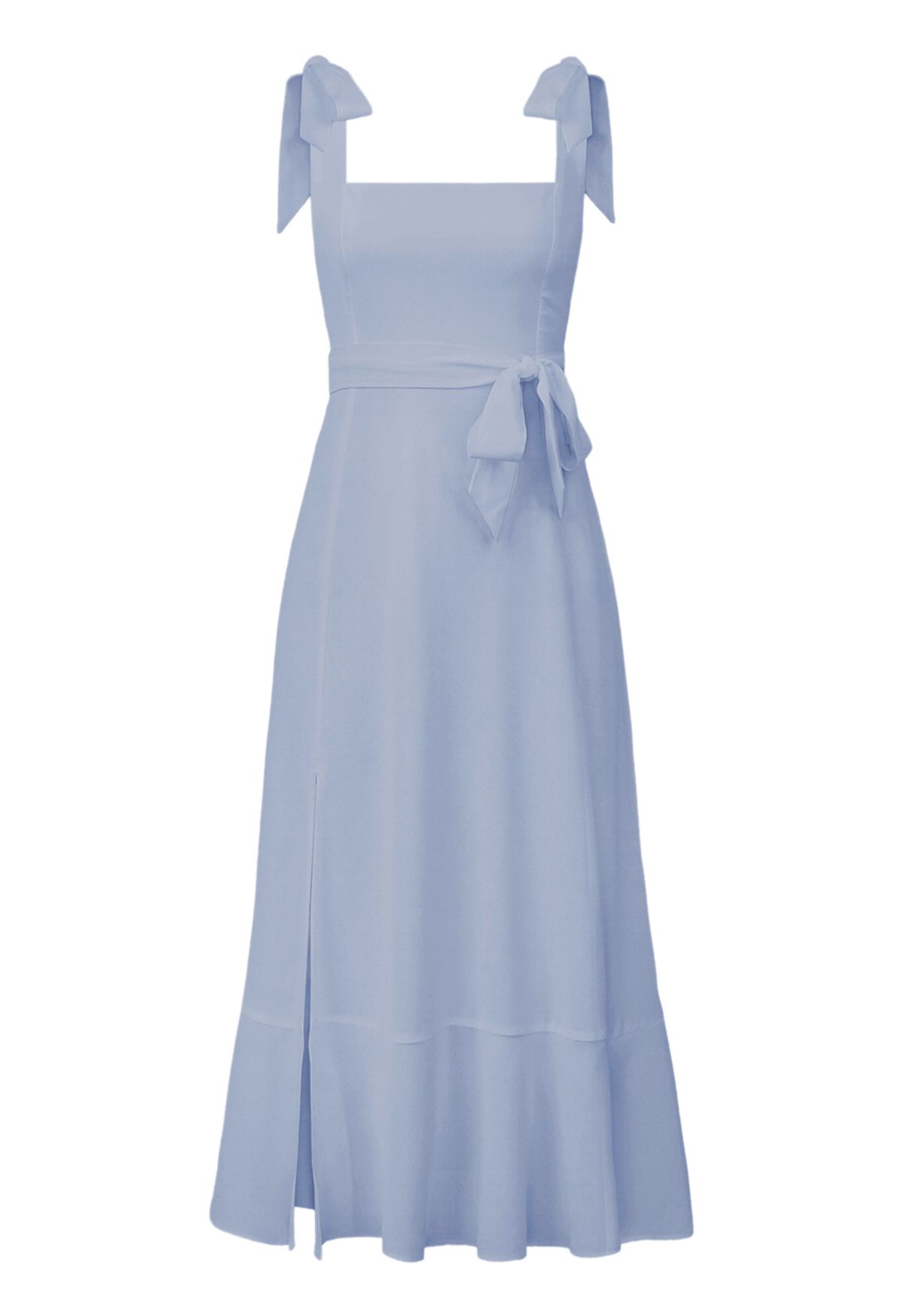فستان قصير بحافة مكشكشة ورباط على الكتف باللون الأزرق المترب
