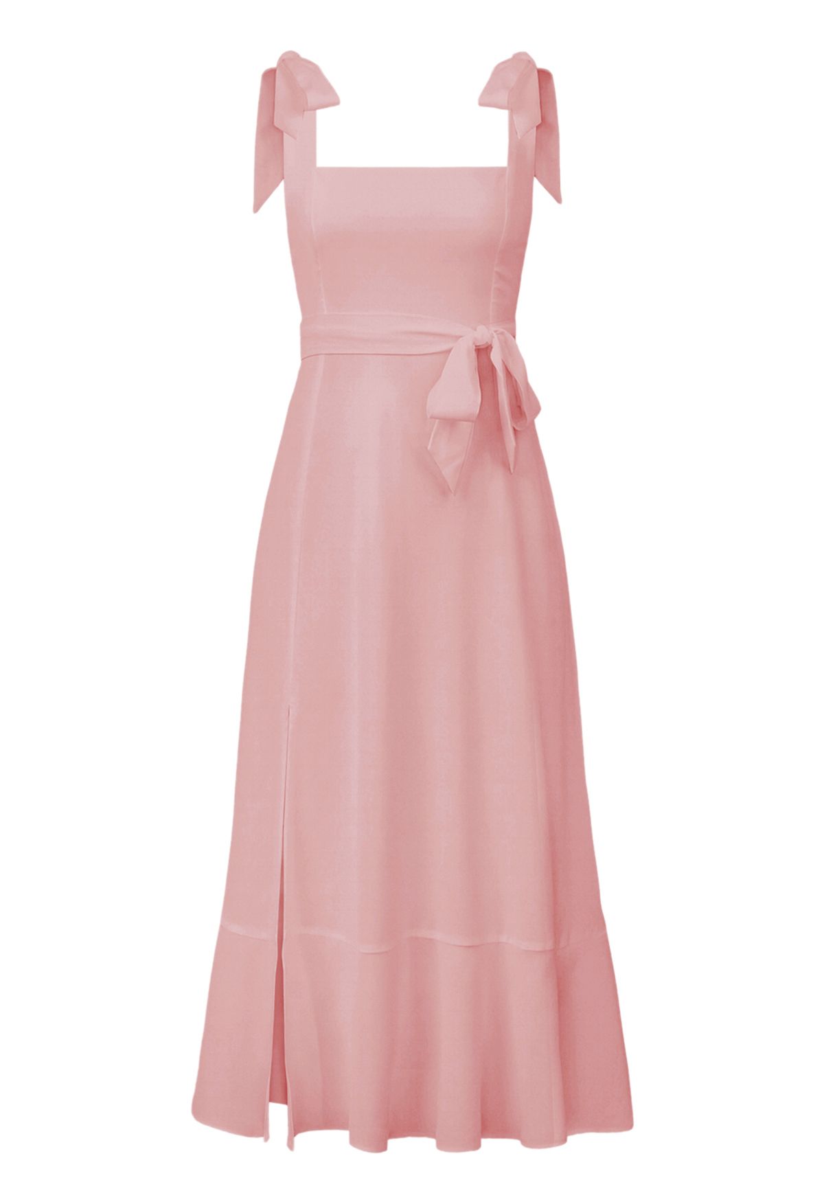 فستان قصير بحافة مكشكشة ورباط على الكتف باللون الوردي