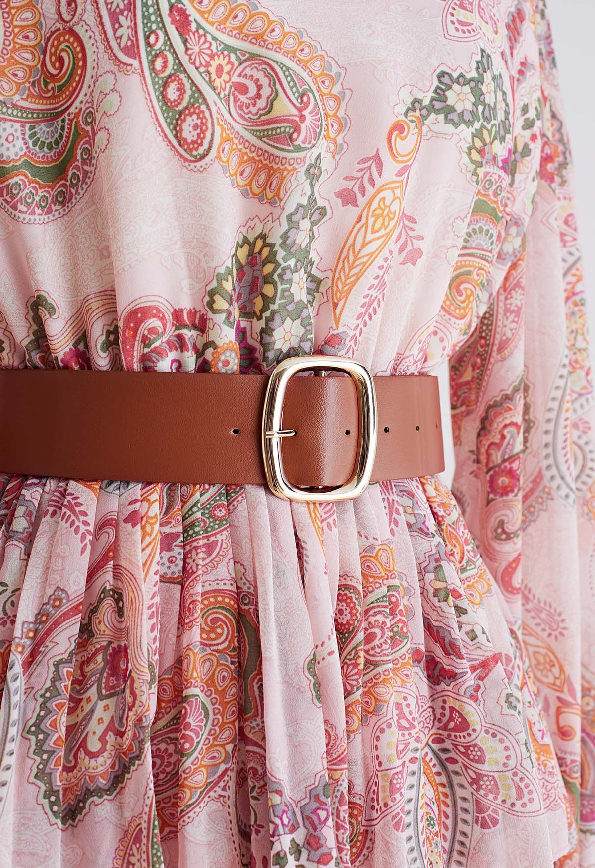 فستان شيفون متدرج بحزام مطبوع بيزلي باللون الوردي