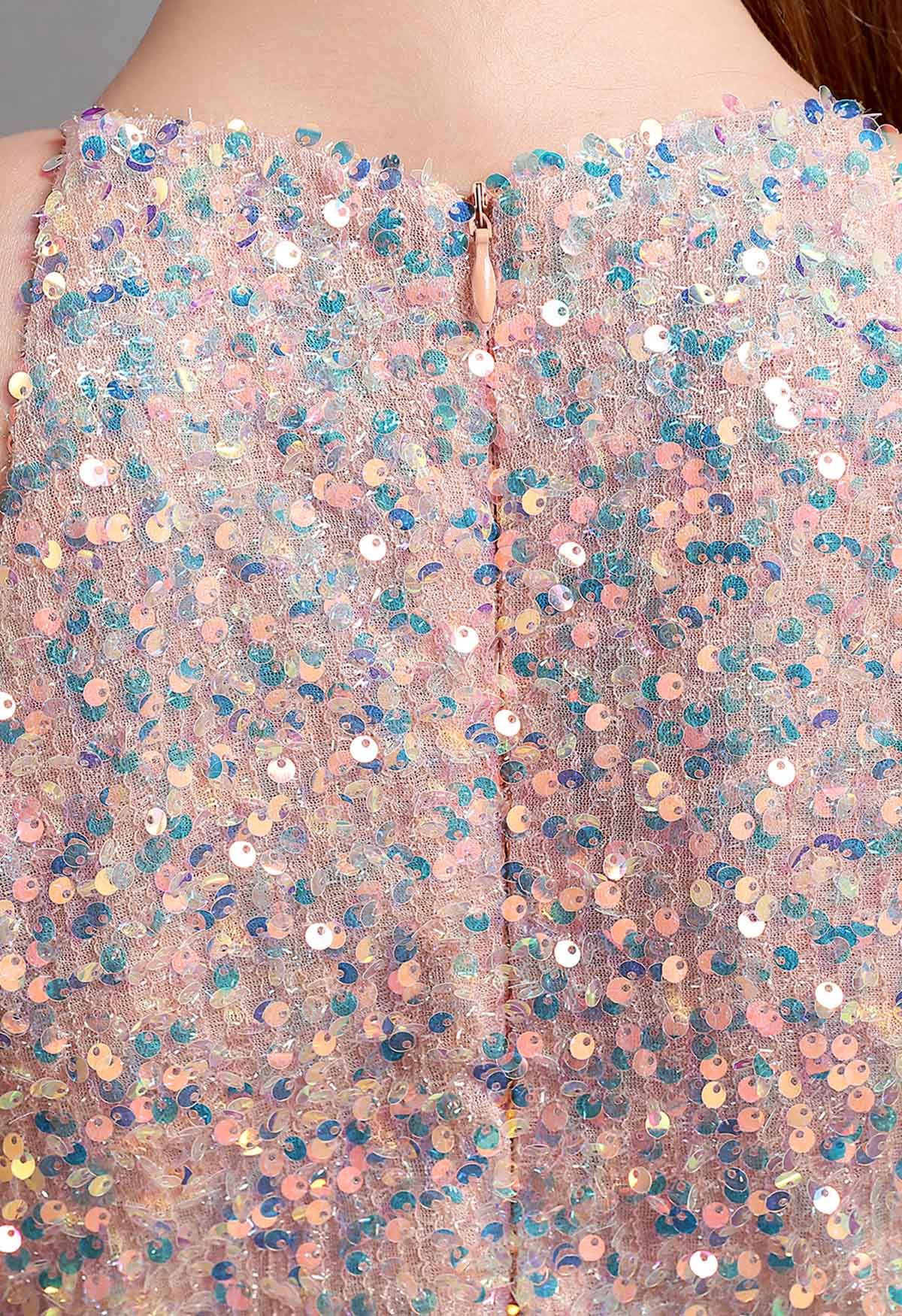 فستان حورية البحر بفتحة رقبة رسن مزين بالترتر باللون الوردي