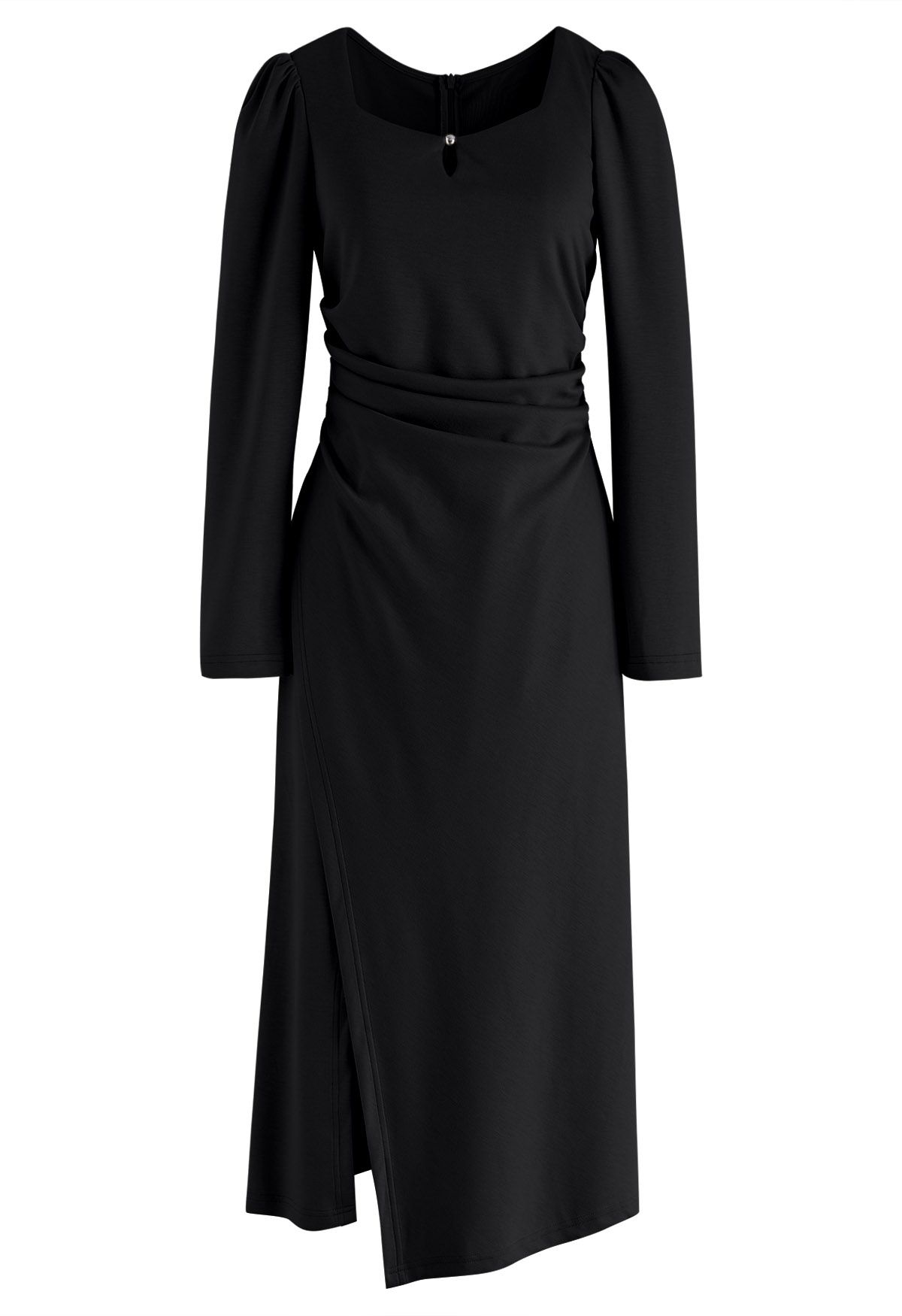 فستان متوسط الطول بفتحة رقبة مربعة ومزين بفتحة الخصر باللون الأسود