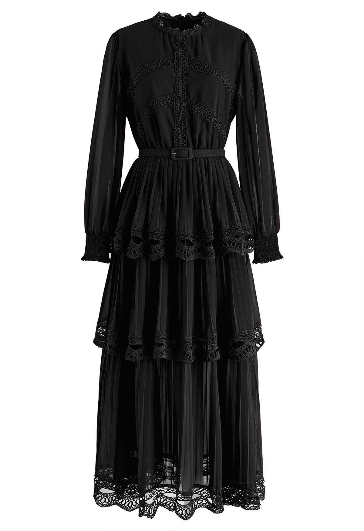 فستان ماكسي شيفون بطيات من الدانتيل الكروشيه باللون الأسود