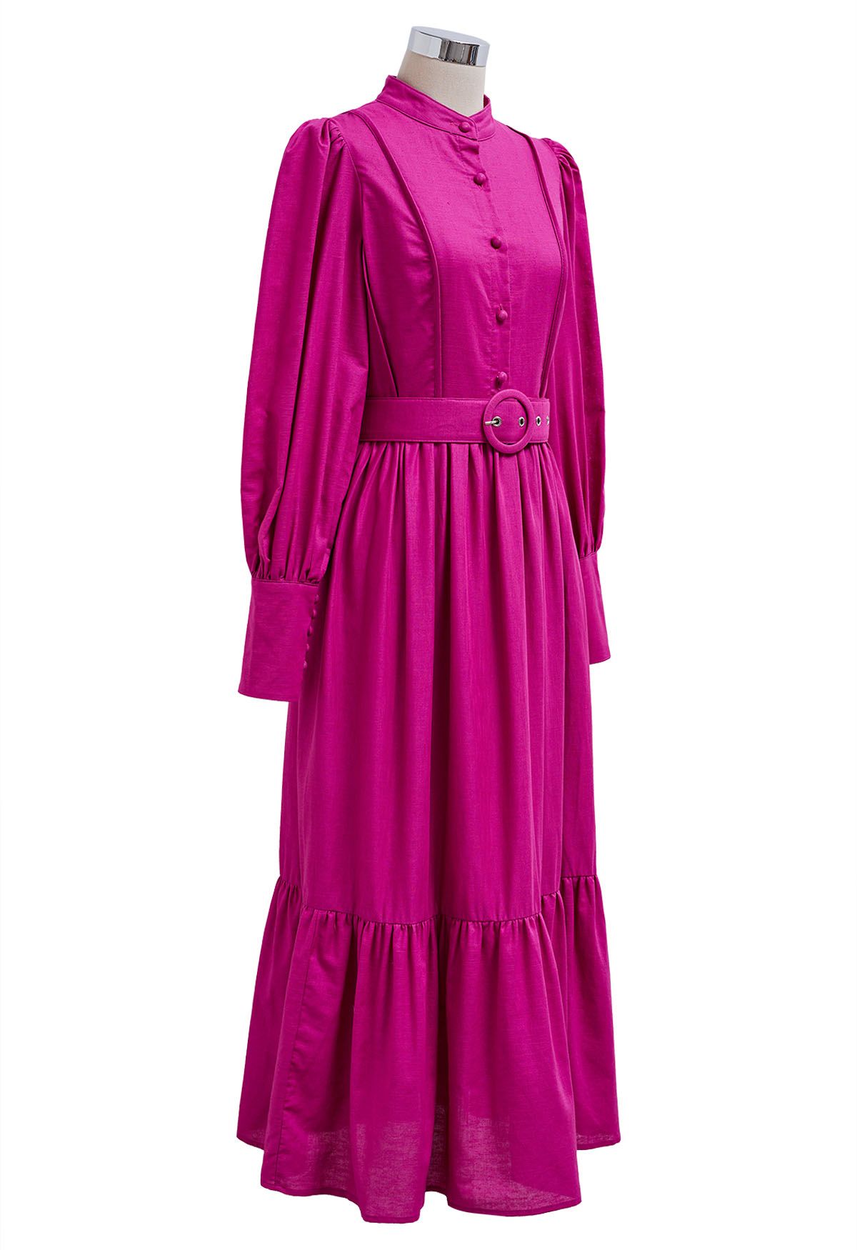 فستان متوسط الطول من مزيج الكتان بأكمام فانوس وأزرار باللون الأرجواني