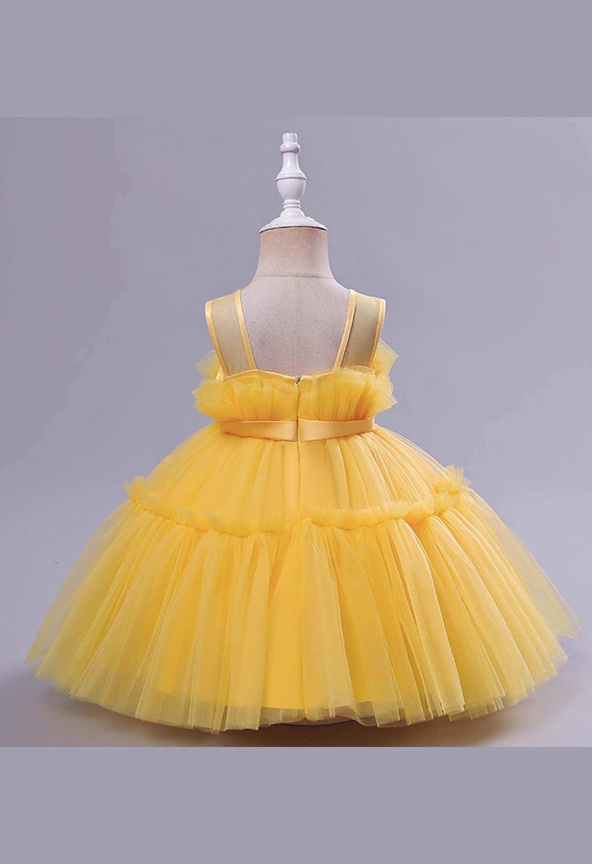 فستان تول بعقدة على الخصر باللون الأصفر للأطفال