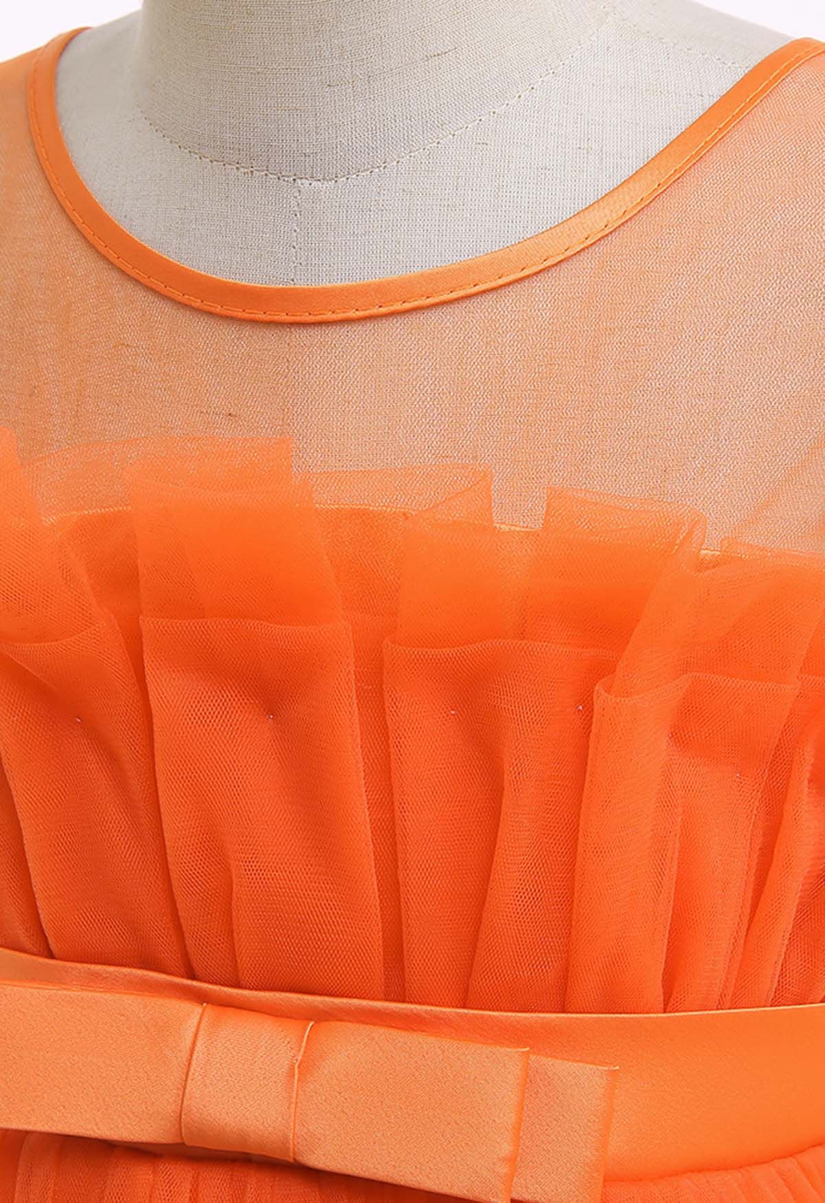 فستان تول بعقدة على الخصر باللون البرتقالي للأطفال