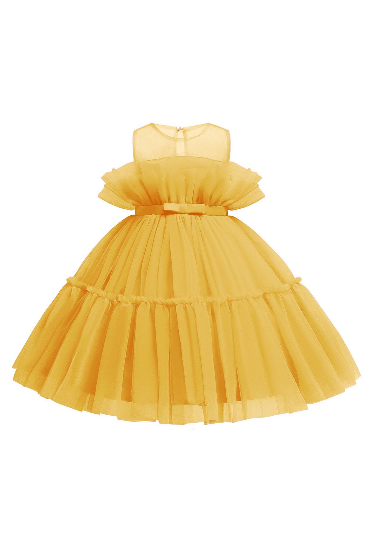 فستان تول بعقدة على الخصر باللون الأصفر للأطفال