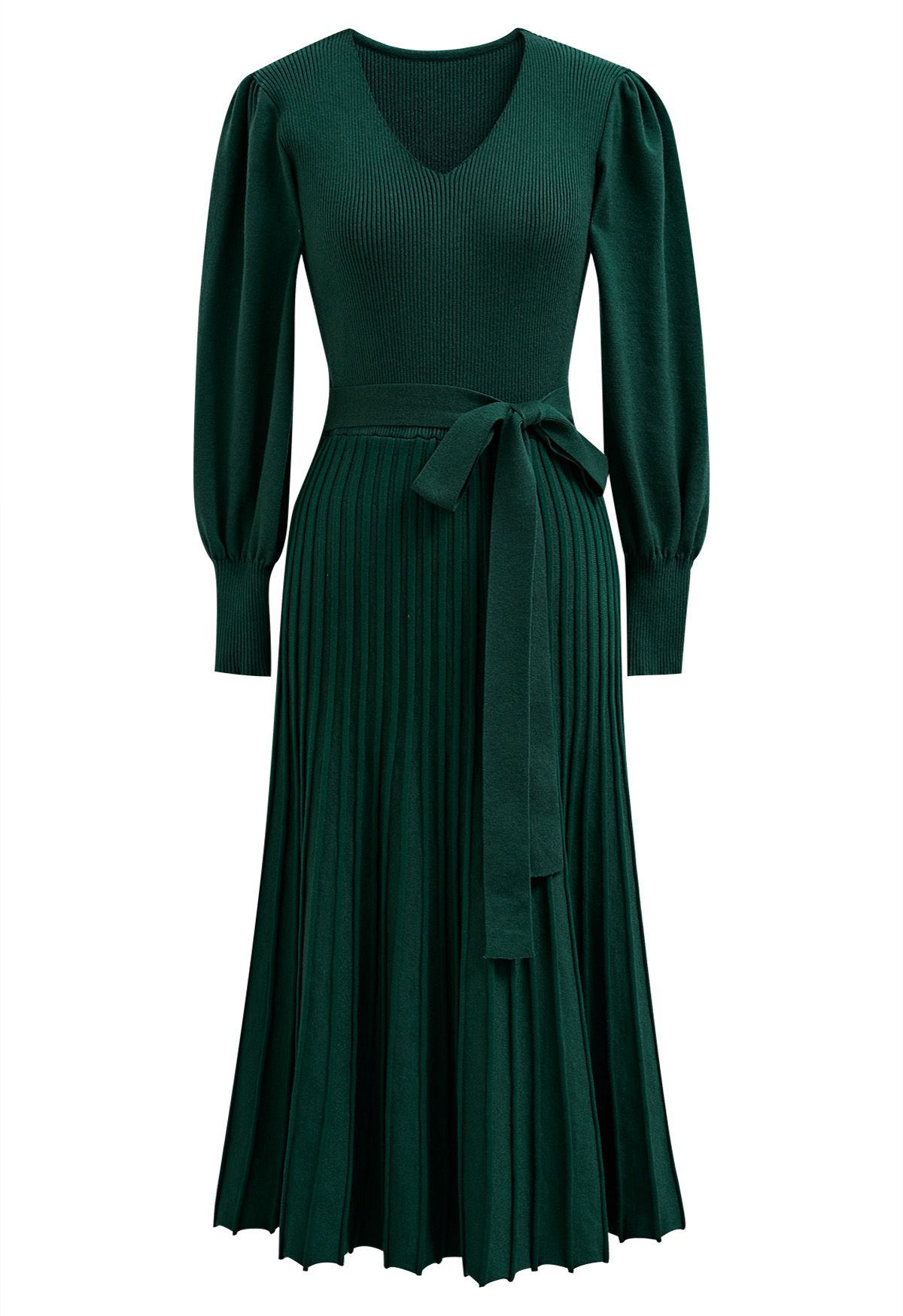 فستان آسر بربطة عنق على شكل حرف V وخصر متماسك باللون الأخضر الداكن
