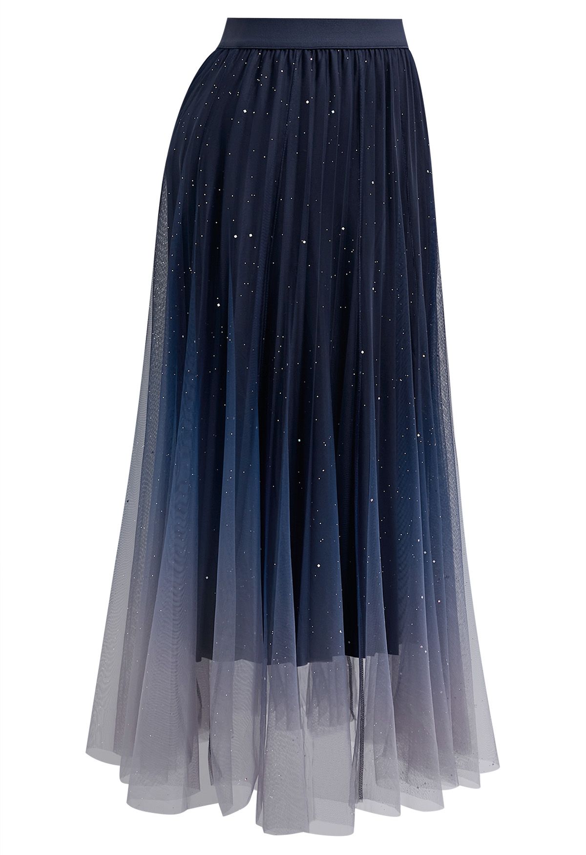 تنورة ميدي شبكية متدرجة مطرزة باللون الأزرق الداكن