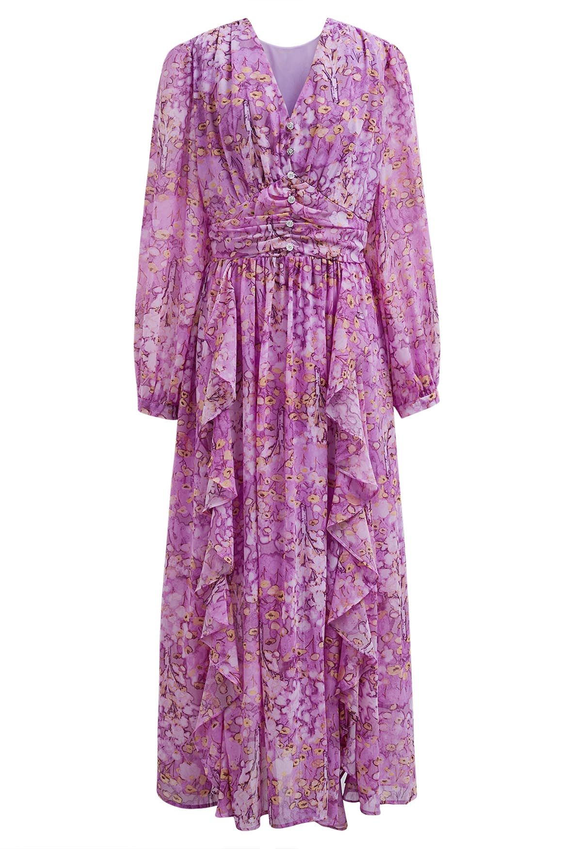 فستان ماكسي شيفون مكشكش بطباعة زهور أنيقة باللون الوردي