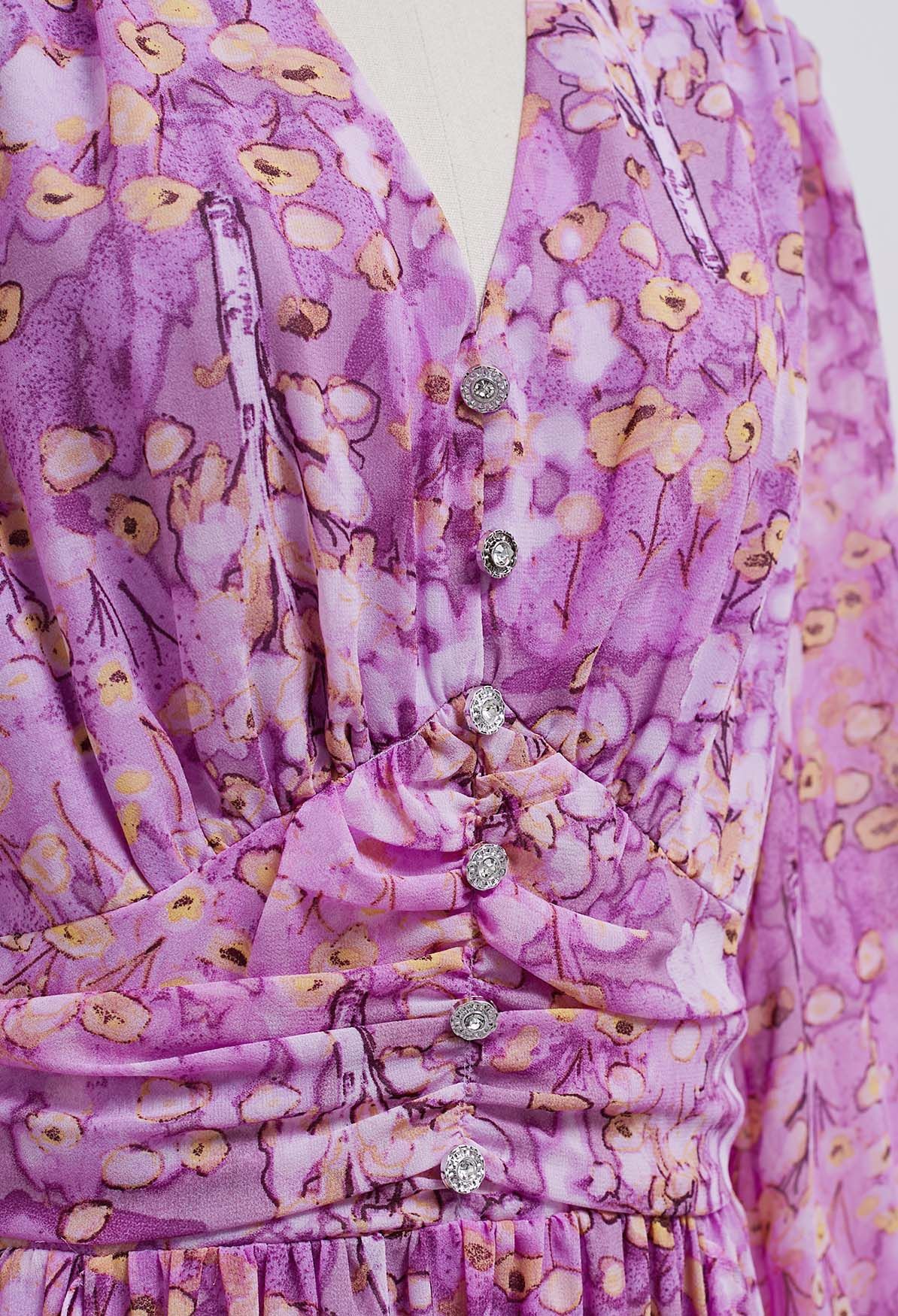 فستان ماكسي شيفون مكشكش بطباعة زهور أنيقة باللون الوردي