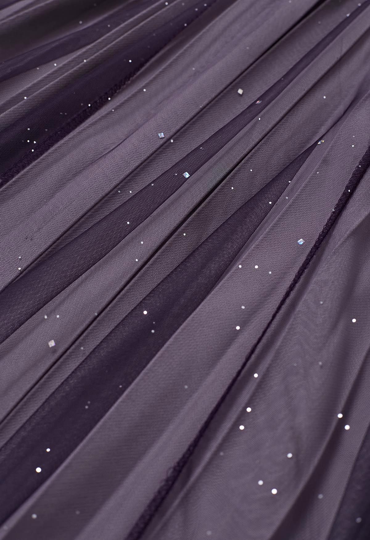 تنورة ماكسي شبكية مطرزة متدرجة باللون البنفسجي