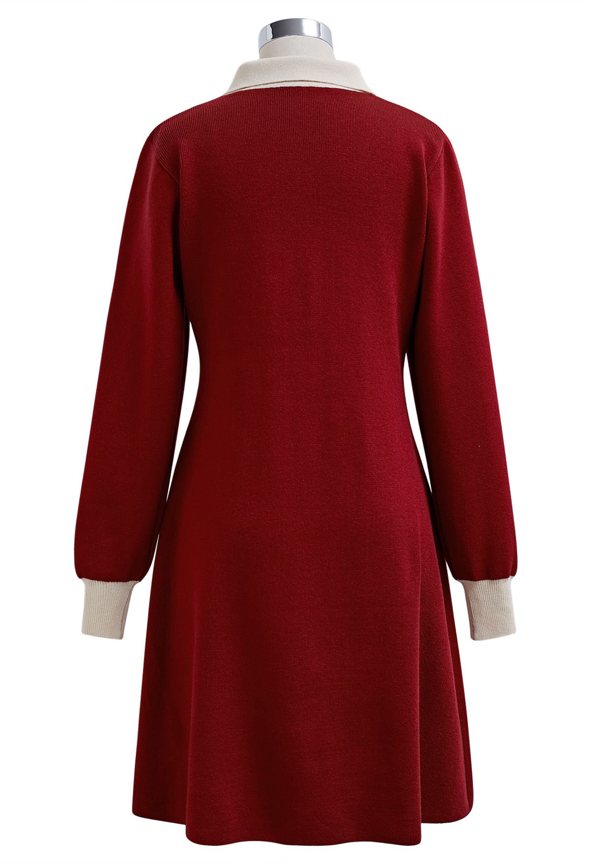 فستان بولو منسوج بحافة متباينة باللون الأحمر