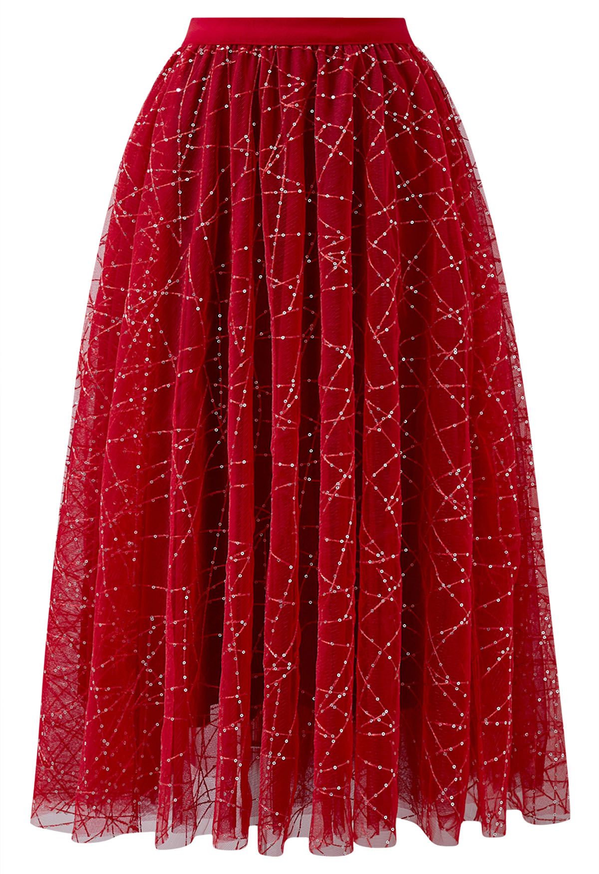 تنورة متوسطة الطول من التول الشبكية مطرزة ومزدوجة الطبقات باللون الأحمر