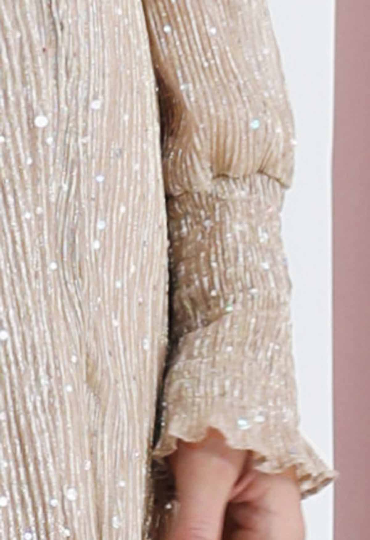 فستان ماكسي مقسم بالترتر مشع باللون الشمبانيا