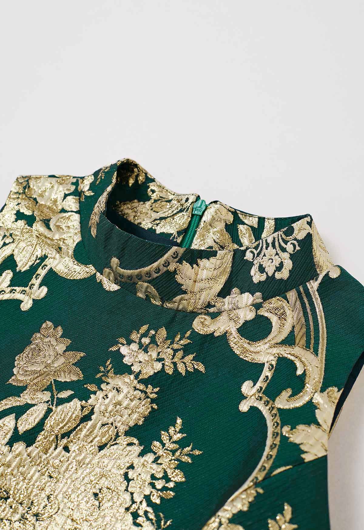 فستان رائع من الفاوانيا الباروك جاكار بلا أكمام باللون الأخضر الداكن