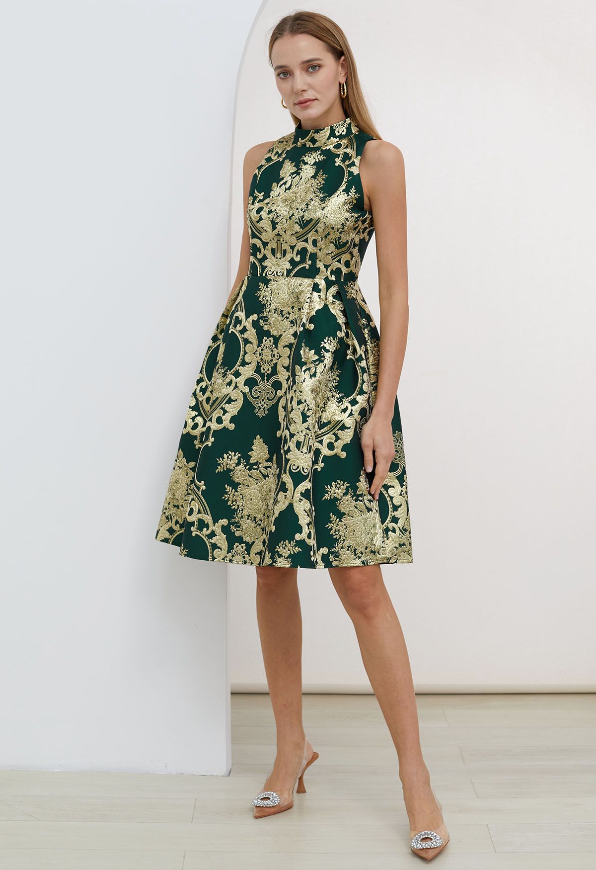 فستان رائع من الفاوانيا الباروك جاكار بلا أكمام باللون الأخضر الداكن