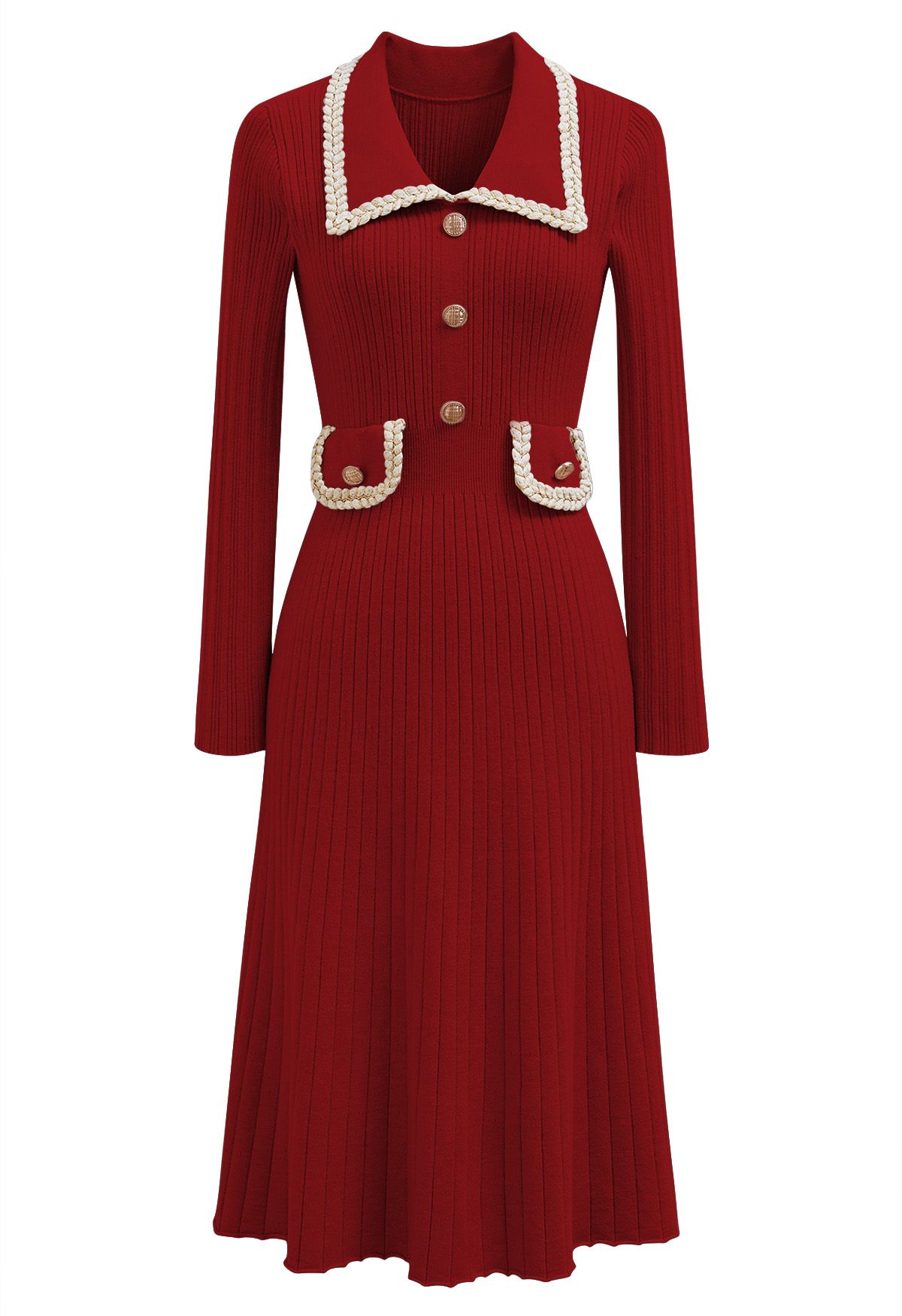 فستان متوسط الطول منسوج بحواف مضفرة وياقة باللون الأحمر