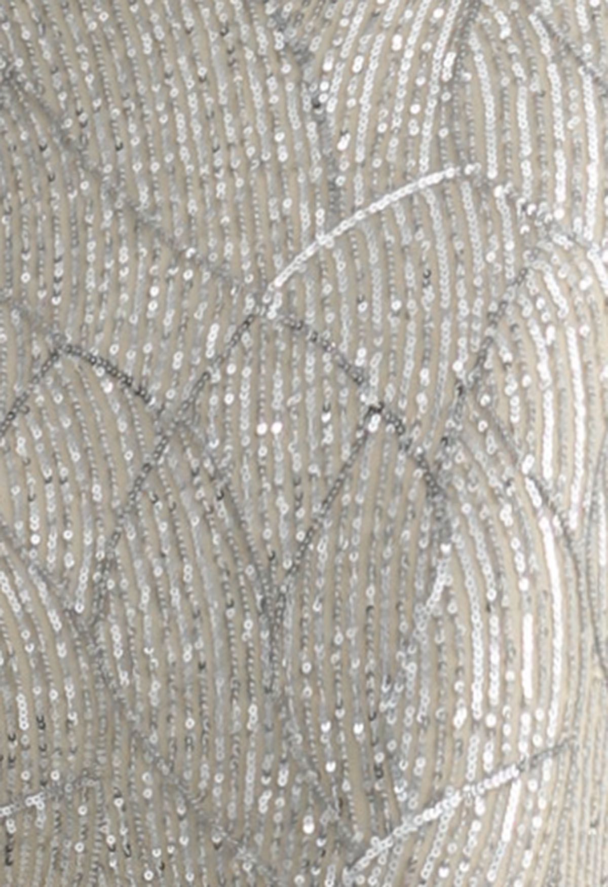 شبكة الكتف نصب الترتر ثوب حورية البحر باللون الفضي