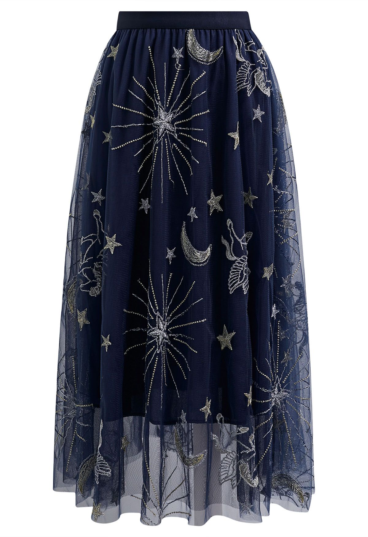 تنورة من قماش التول الشبكي المطرز بالقمر والنجمة الغامضة باللون الأزرق الداكن