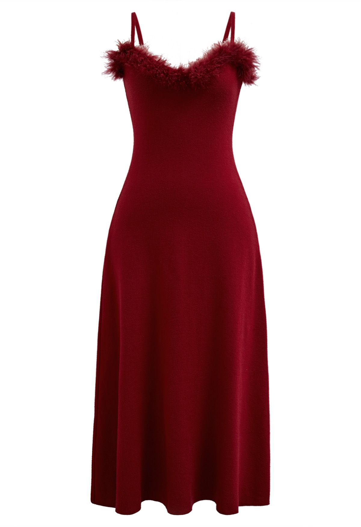 فستان كامي منسوج بحواف من الريش قابل للفصل باللون الأحمر
