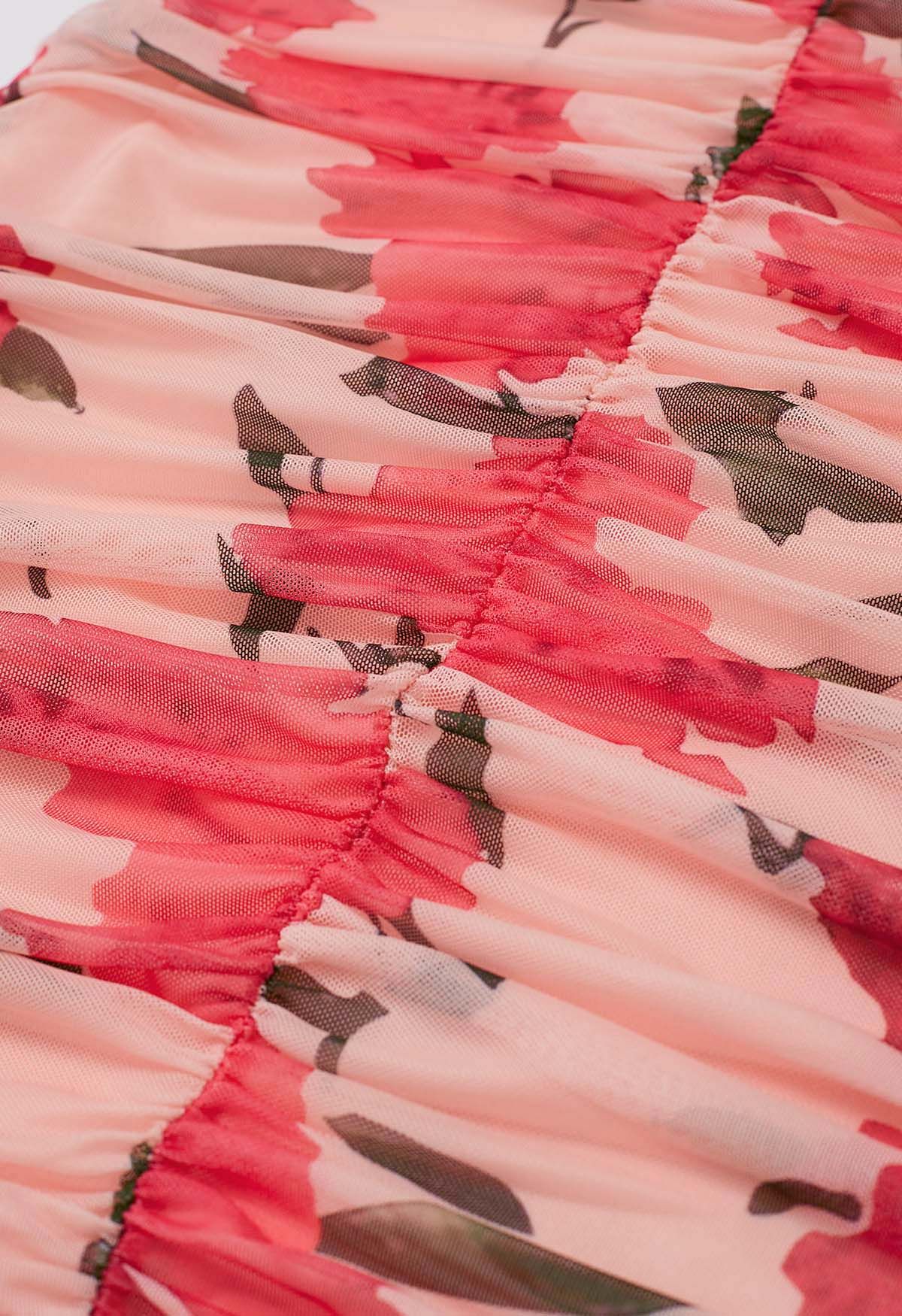 فستان كامي شبكي مزين بالزهور باللون الوردي