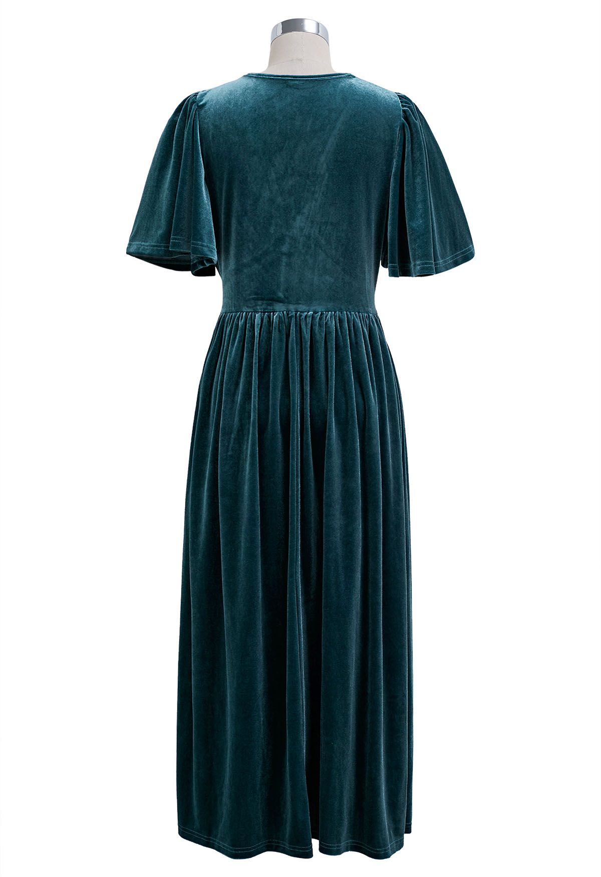فستان مخملي بأكمام واسعة وياقة على شكل حرف V باللون الأزرق المخضر