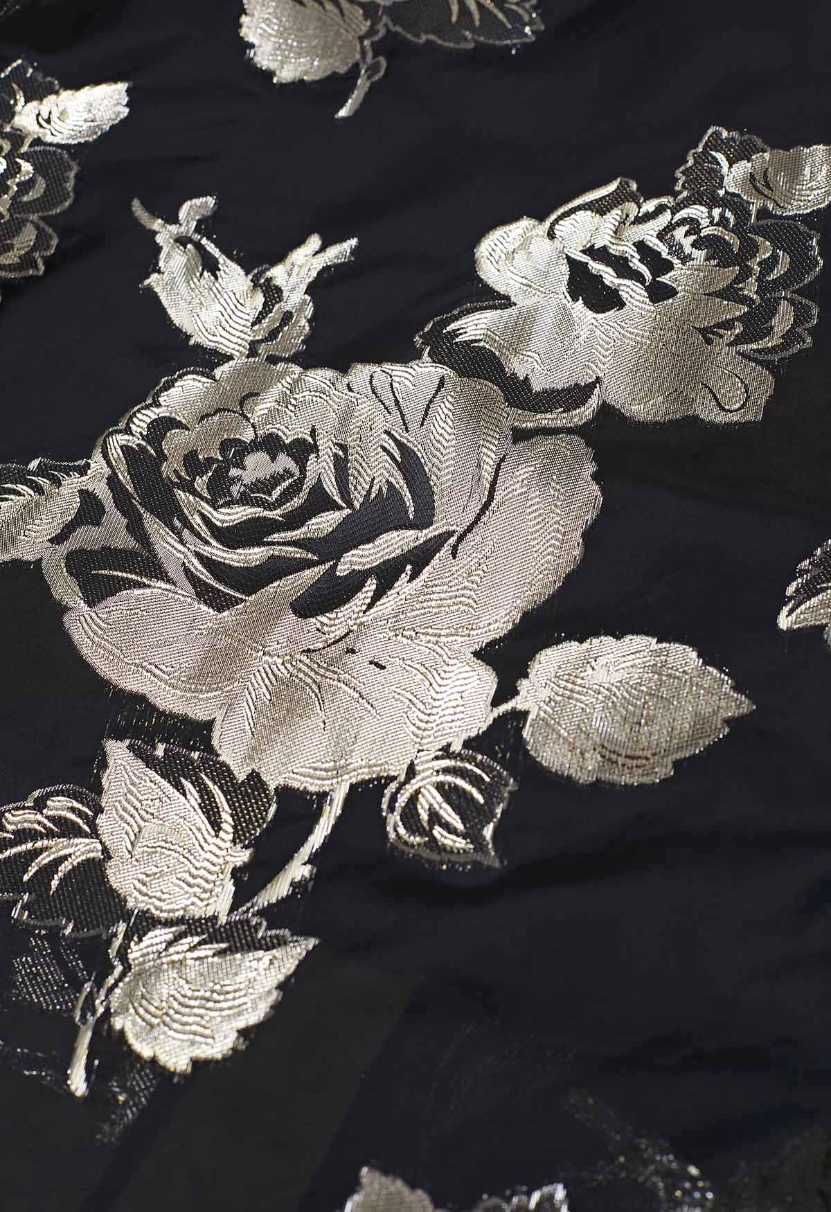 تنورة ميدي جاكار بنقشة الزهور المعدنية باللون الأسود