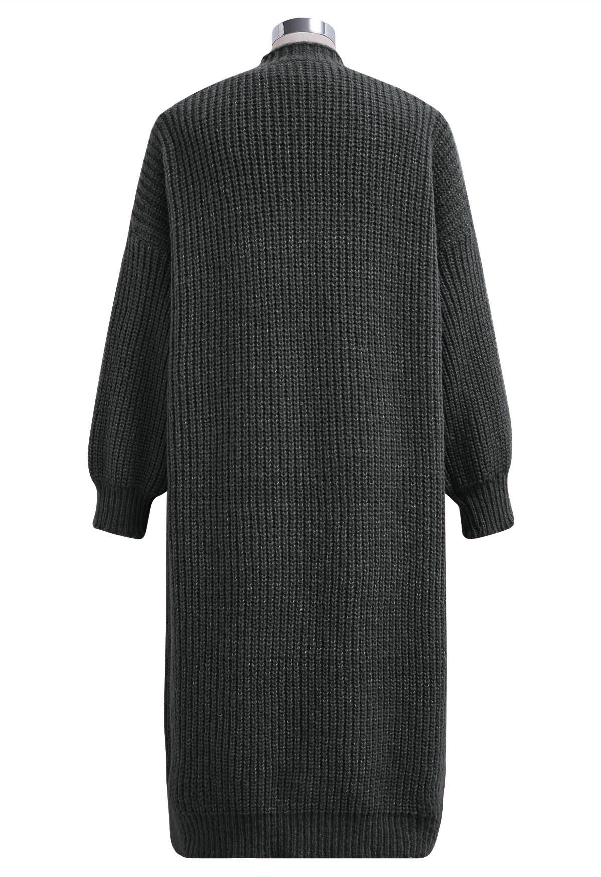 طقم فستان محبوك بدون أكمام بياقة على شكل حرف V وسترة صوفية طويلة باللون الدخاني