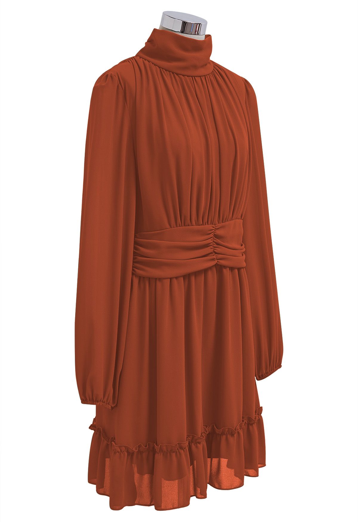 فستان من الشيفون ذو رقبة وهمية وخصر مزموم باللون البرتقالي