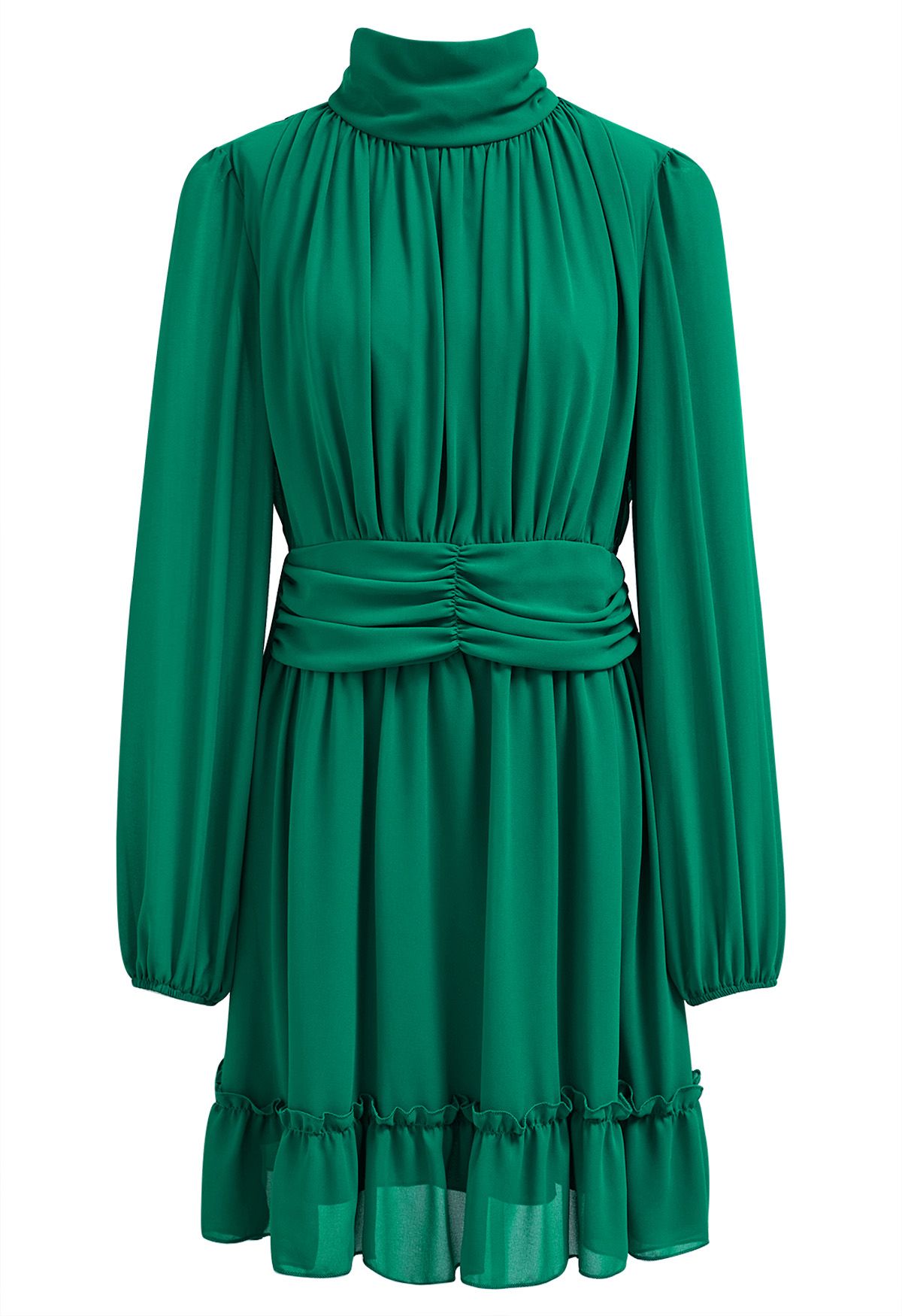 فستان من الشيفون ذو رقبة وهمية وخصر مكشكش باللون الأخضر