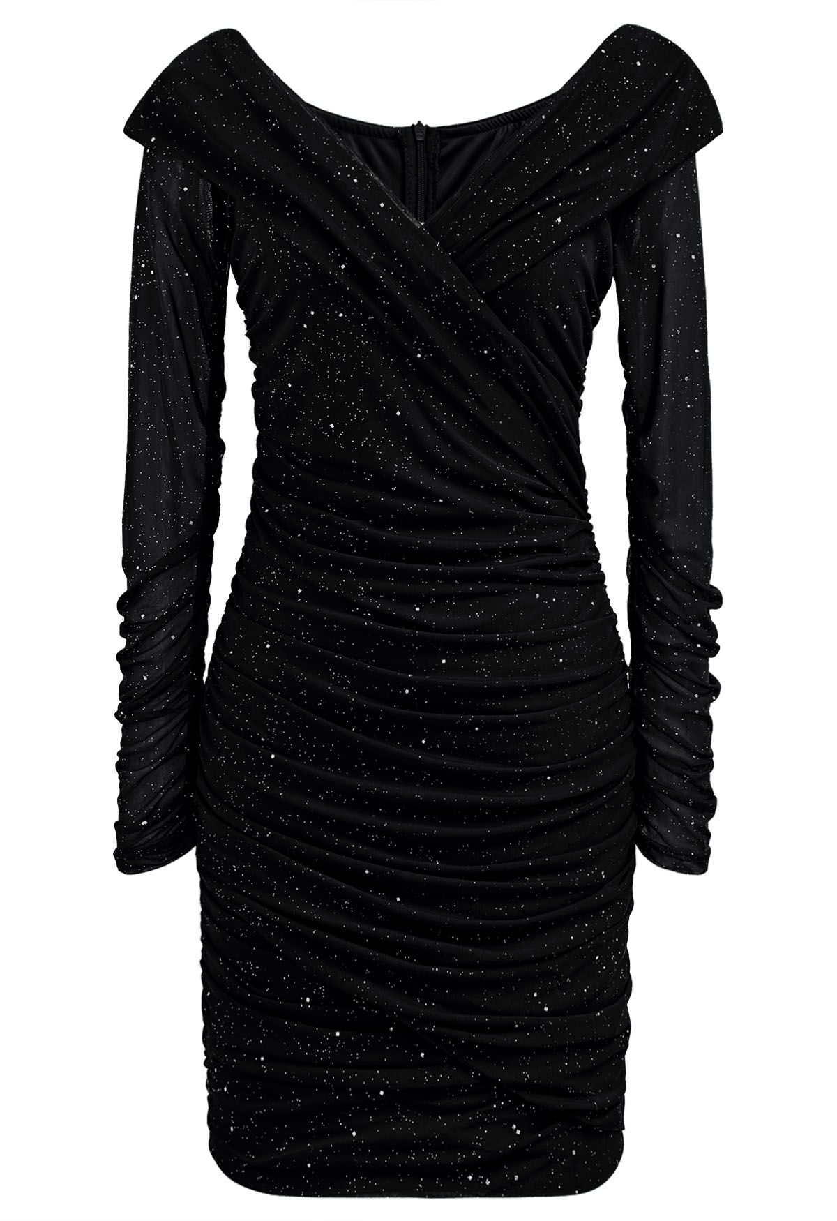 بريق الخامس الرقبة Ruched شبكة Bodycon فستان قصير باللون الأسود