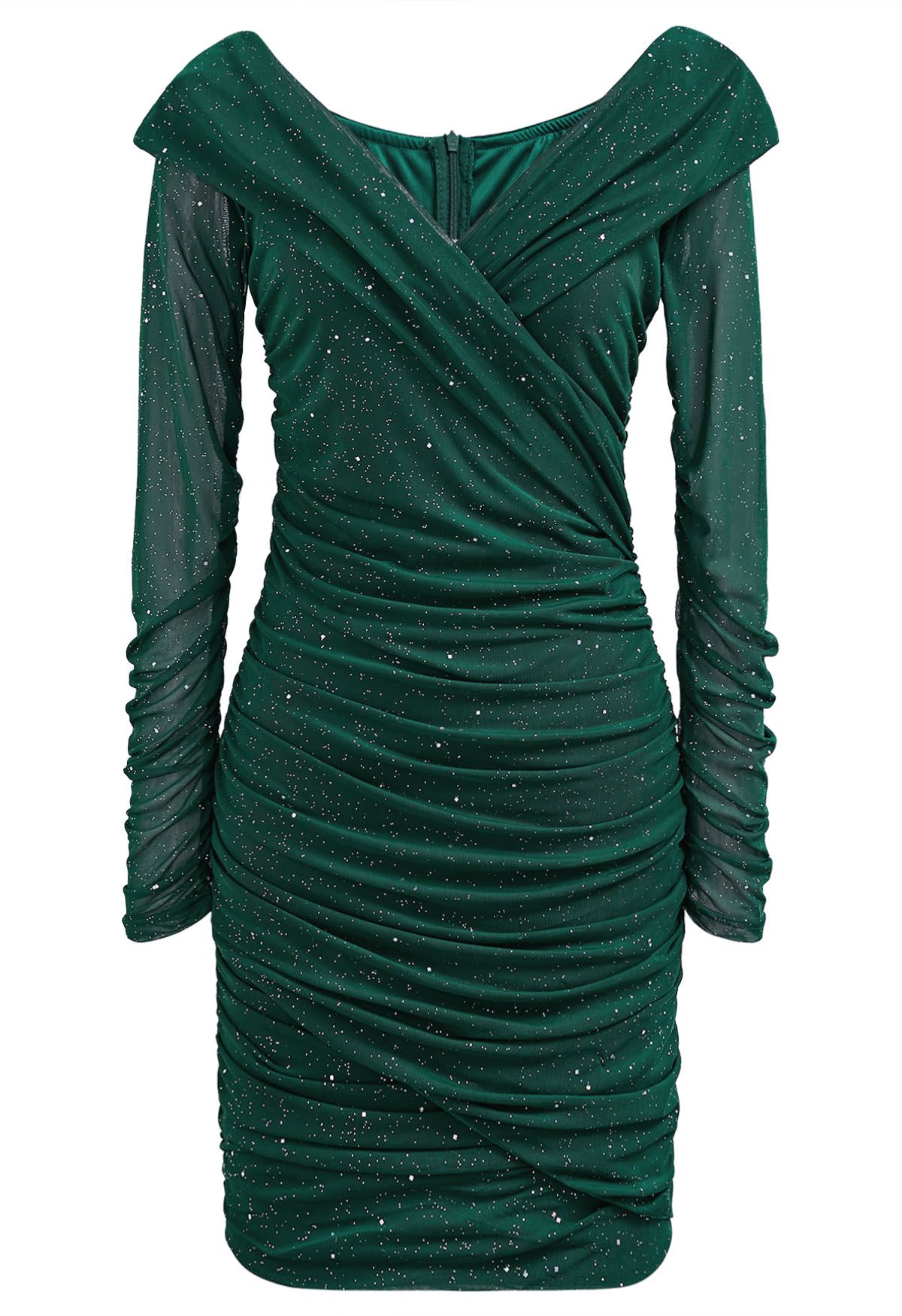 بريق الخامس الرقبة Ruched شبكة Bodycon فستان قصير باللون الأخضر الداكن