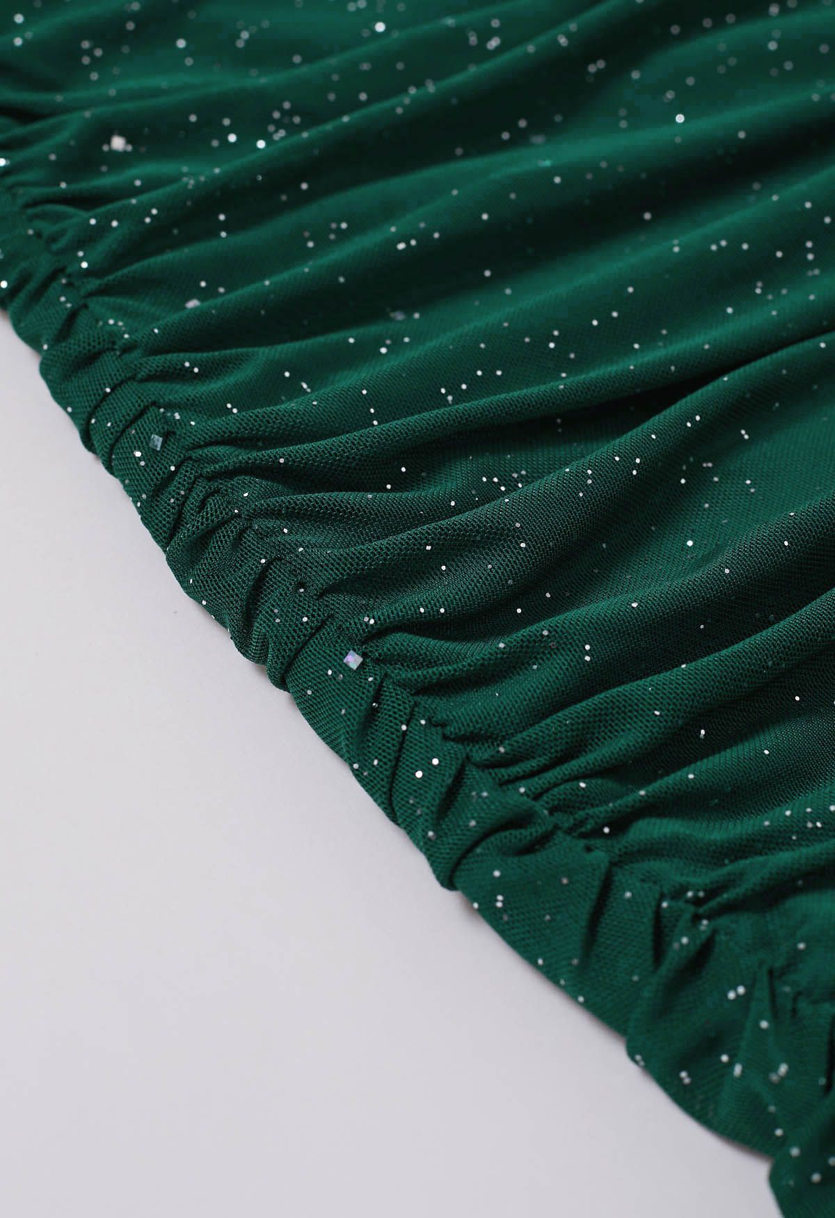 بريق الخامس الرقبة Ruched شبكة Bodycon فستان قصير باللون الأخضر الداكن