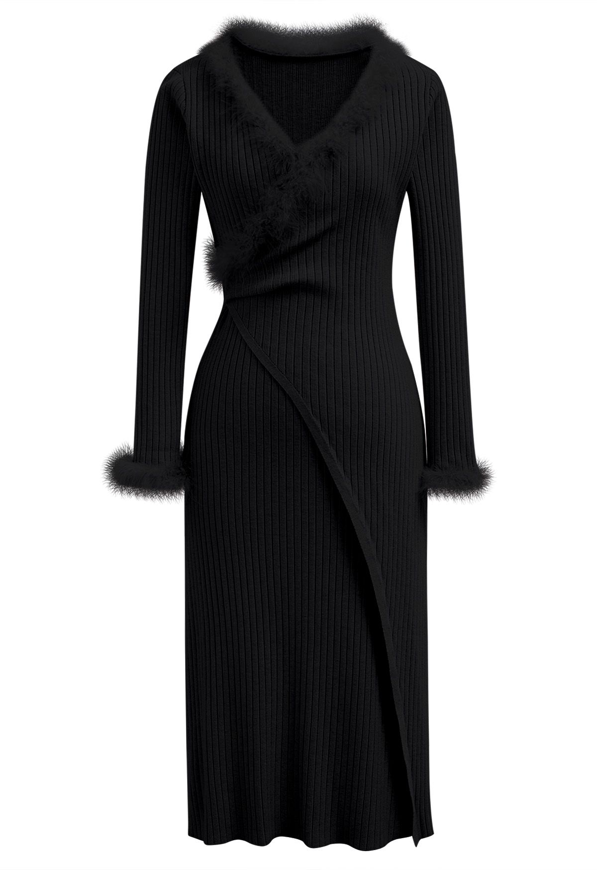 فستان منسوج برقبة ريشة رشيقة باللون الأسود