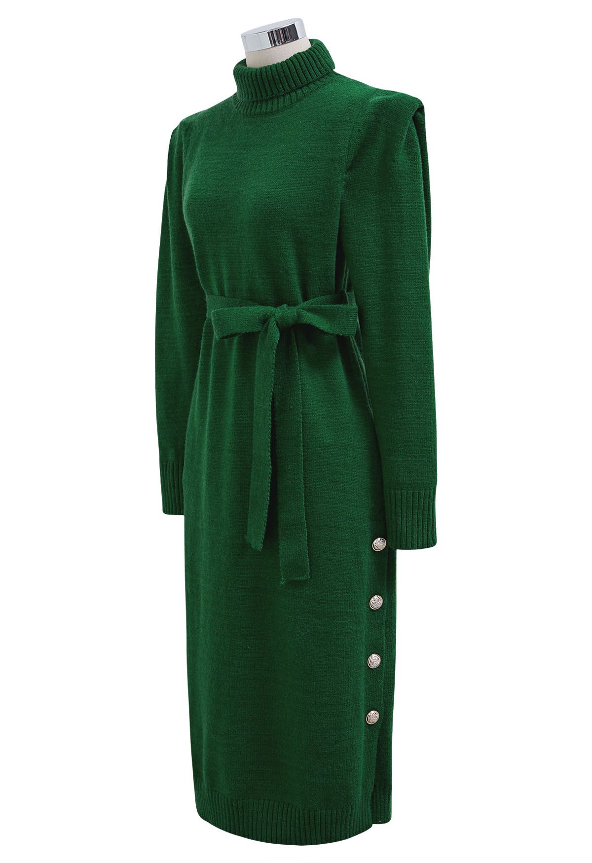 فستان ميدي محبوك بياقة مدورة وحزام باللون الأخضر