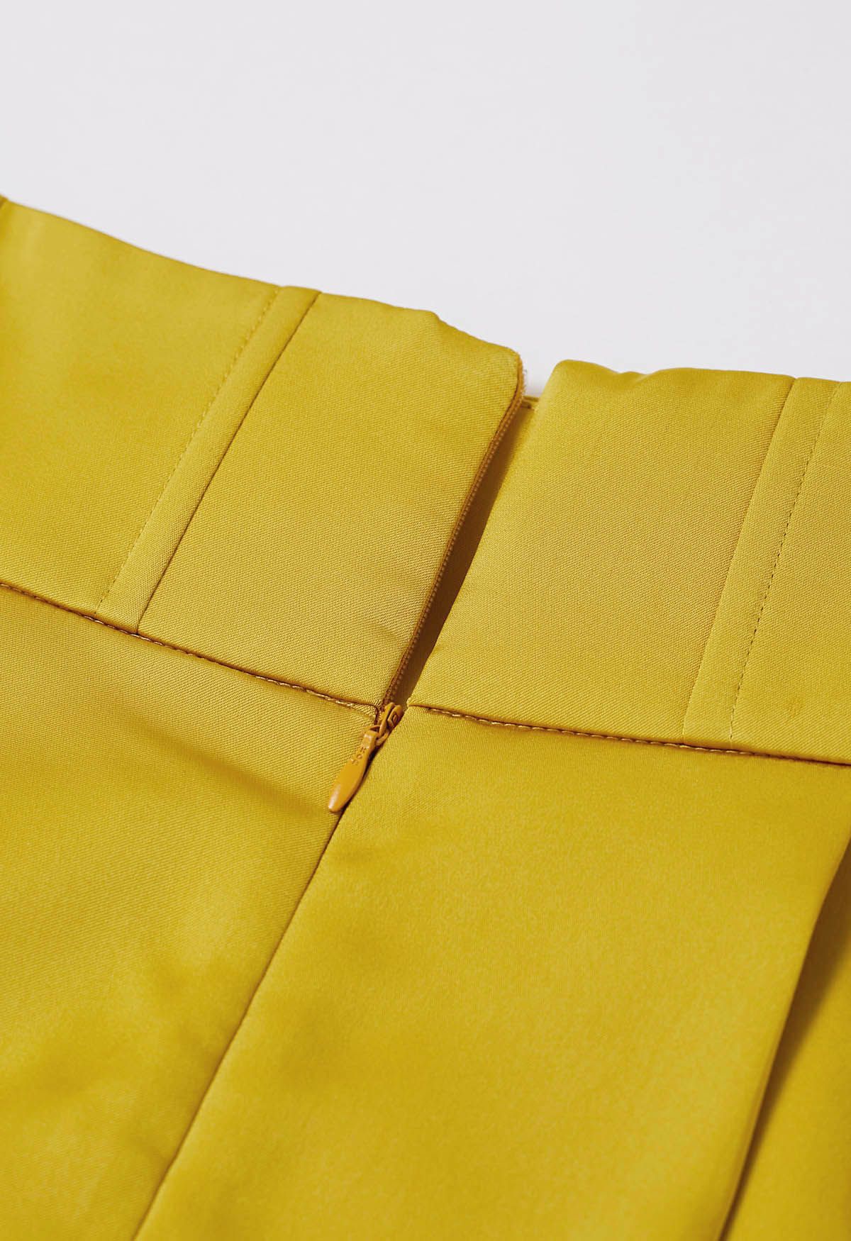 High-Slit Seamed Waist Pleated Satin Maxi Skirt in Yellow