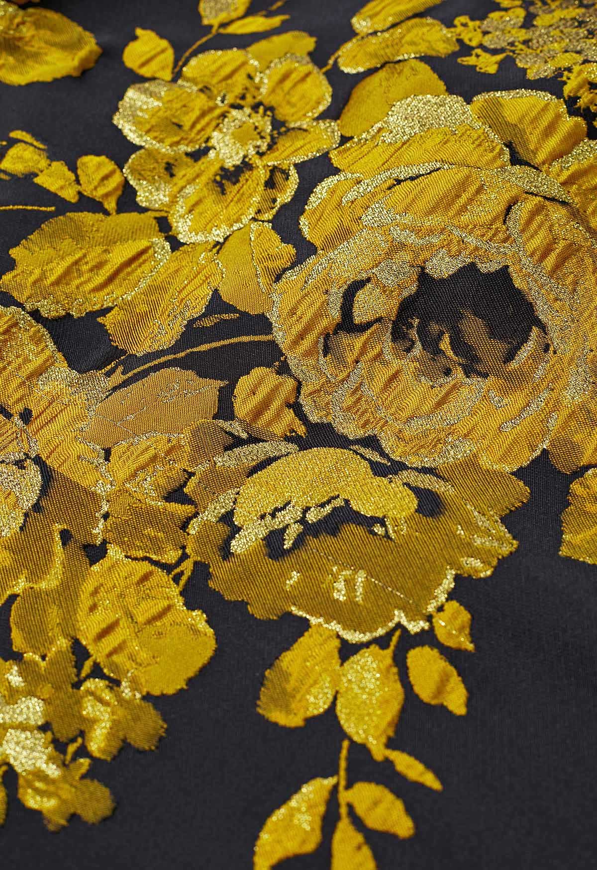 تنورة متوسطة الطول بطيات من قماش الجاكار الفاوانيا باللون الذهبي