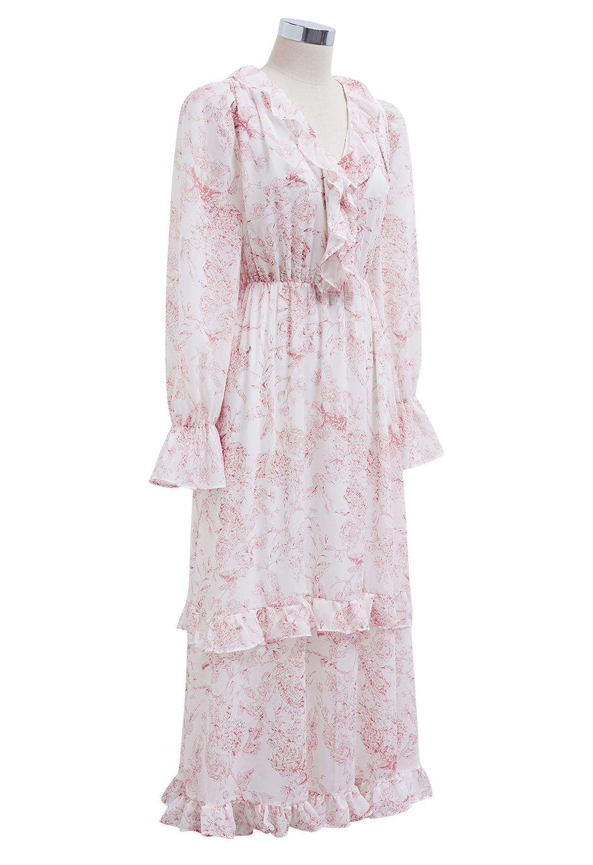 فستان Spring Delight مزين بكشكشة من الشيفون متوسط الطول باللون الوردي