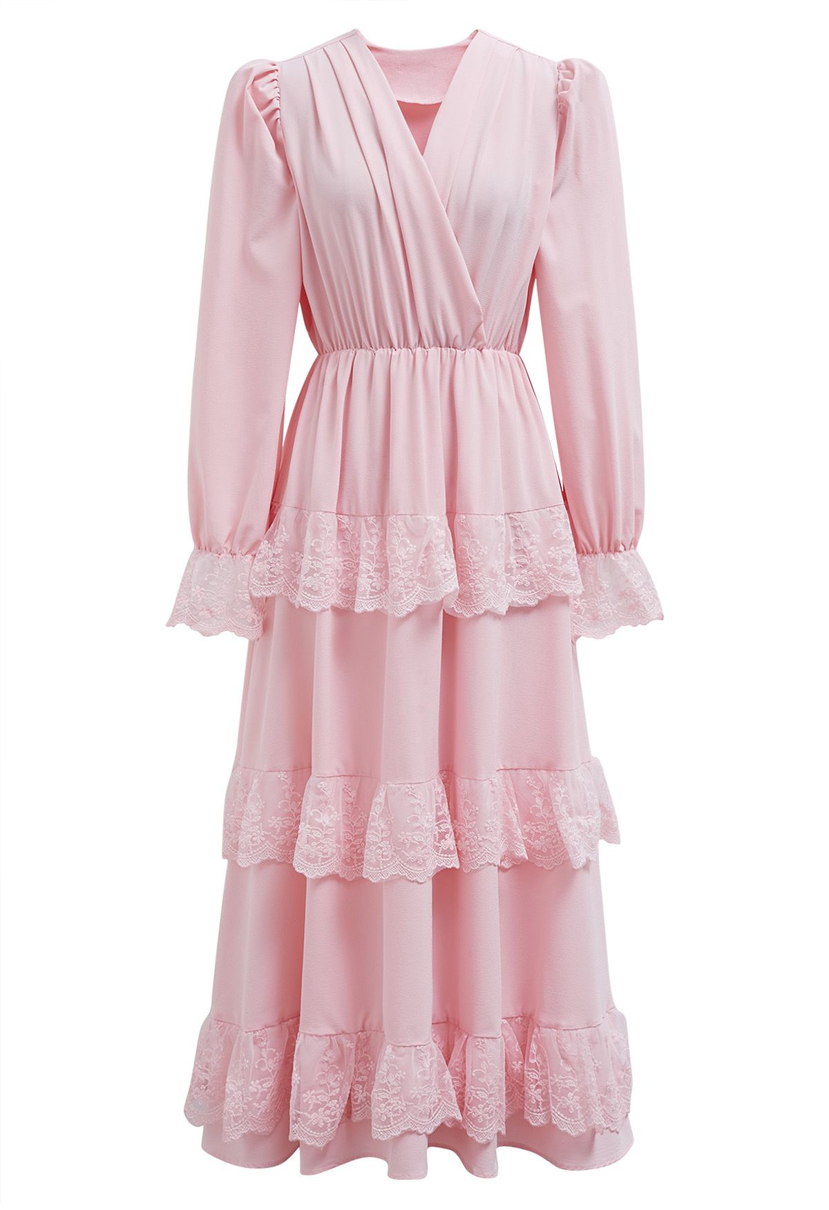 فستان ميدي من الشيفون بطبقات من الدانتيل باللون الوردي